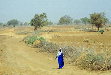 A veiled native woman walking alone along a dusty road in Burkina Faso (formerly Upper Volta)