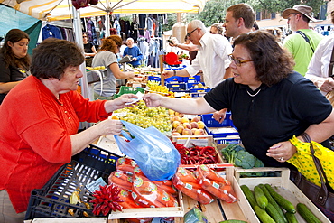 Woman selling fresh fruit at weekly street market in Panzano-in-Chianti, Tuscany, Italy