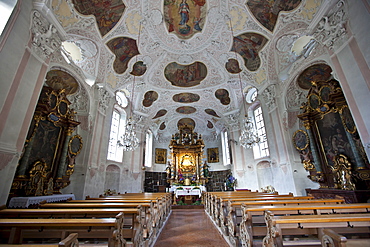 Wallfahrtskirche Maria Gern, Roman Catholic church, aisle and altar at Berchtesgaden in Bavaria, Germany