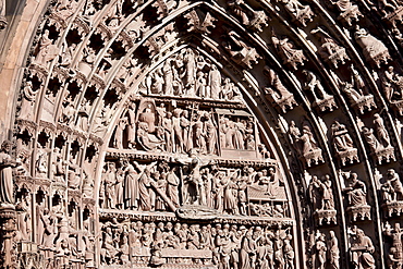 The Cathedral of Notre Dame, Our Lady, detail of tympanum and archivolts at Strasbourg, Alsace, France