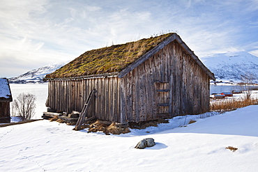 Straumengard Museum in log cabin at Straumsfjord on Kvaloya Island near Tromso in Arctic Circle Northern Norway