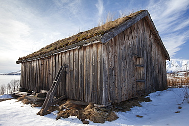 Straumengard Museum in log cabin at Straumsfjord on Kvaloya Island near Tromso in Arctic Circle Northern Norway