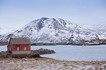 Fishing hut at Sommeroy, Kvaloya Island in Arctic Circle Northern Norway