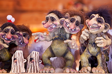 Traditional trolls on display in Tromso Gift and Souvenir Shop in Strandgata in Tromso, Norway