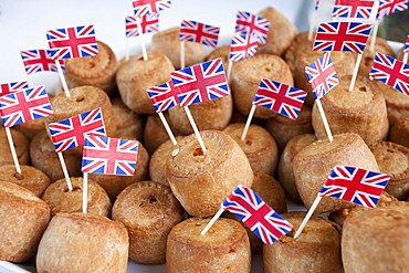 Union Jack flags on pork pies as patriotic gesture for jubilee street party celebrations in the UK