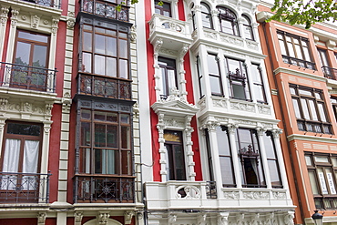 Traditional architecture in Calle San Francisco in Aviles, Asturias, Northern Spain