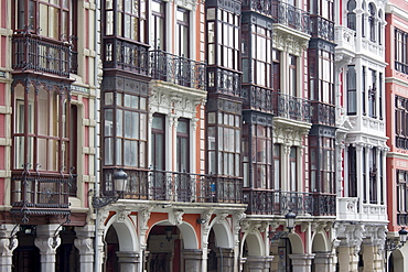 Traditional architecture in Calle San Francisco in Aviles, Asturias, Northern Spain