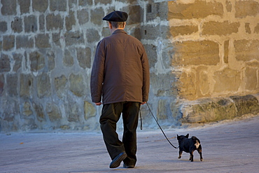 Old man walking his chihuahua dog in the streets of Laguardia, Northern Spain