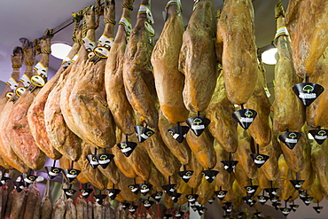 Viandas de Salamanca, Iberico jamon, on sale in artisan food shop in Calle de Bidebarrieta in Bilbao, Basque country, Spain