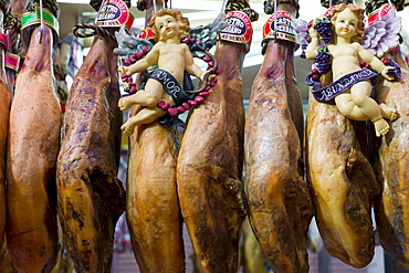 Serrano ham, Jamon Serrano, on sale in food market in Santander, Northern Spain