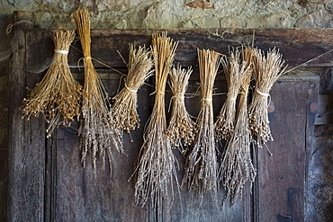 Traditional Basque doorway dried lavender, grasses old oak door in Biskaia Basque region, Spain