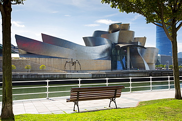 Architect Frank Gehry?s Guggenheim Museum futuristic design from across River Nervion at Bilbao, Basque country, Spain