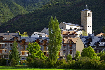 New development in town of Biescas in Valle de Tena, Aragon, Northern Spain. Many Spanish construction projects had EU funding