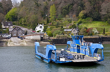 King Harry Ferry Bridge crossing the River Fal Estuary from St Mawes on the Roseland Peninsula to Feock, near Truro, Cornwall, UK