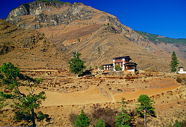 Chalet-style houses and farmland, Bhutan