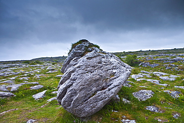 Ancient prehistoric stone boulder and bare limestone pavement, The Burren, County Clare, West of Ireland