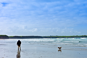 One man and his dog, Sheltie cross Corgi, stroll the beach at Spanish Point, County Clare, West Coast of Ireland