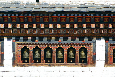 Prayer wheels at Tashichho Dzong in Thimpu, Bhutan