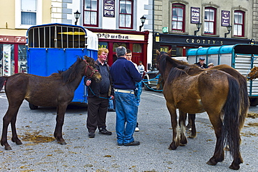 Horse fair in market square in Kilrush, Co. Clare, Ireland. Traditional for locals and travellers to trade horses and ponies