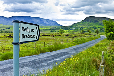 Reilig Na Breanana gaelic sign in Gaeltecht area of Connemara, County Galway, Ireland