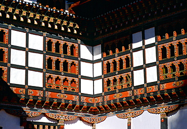 Traditional ornate carved and decorated windows, Bhutan