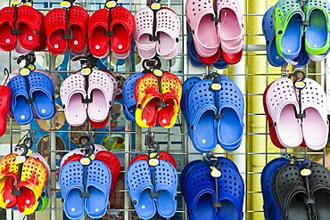 Beach shoes on sale at general store selling seaside products  in Aberdyfi, Aberdovey, Snowdonia, Wales