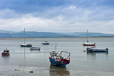 Sailing boats and fishing trawlers moored in Dyfi estuary at Aberdyfi, Aberdovey, Snowdonia, Wales