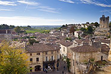 Rooftops viewed from L'Eglise Monolith in traditional town of St Emilion, Bordeaux, France