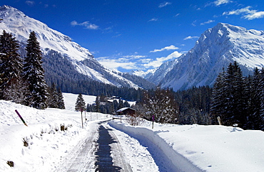 Klosters - Amongst the Silvretta group of the Swiss Alps. Road to Silvretta.Mountain at right is P.Linard 3411 metres high