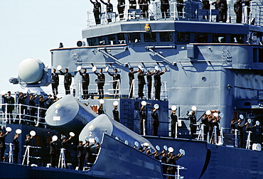 Australian warship and crew take part in Naval Review and maritime parade in Sydney Harbour for Australia's Bicentenary, 1988