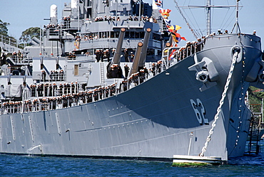 Australian warship and crew take part in Naval Review and maritime parade in Sydney Harbour for Australia's Bicentenary, 1988