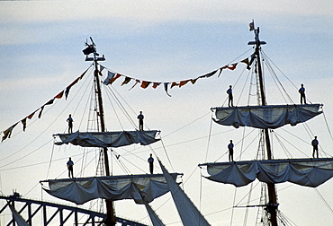 Tall ships form part of flotilla in Sydney Harbour for Australia's Bicentenary, 1988