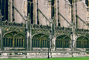 Side view of the walls and windows of Kings College Chapel in Cambridge, England, United Kingdom.