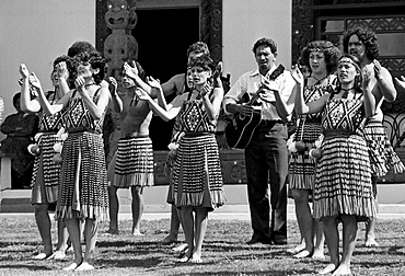 Traditional maori ceremony at the Marai meeting house, New Zealand