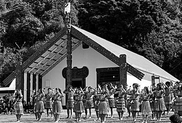 Traditional maori ceremony in front of Marai meeting house, New Zealand