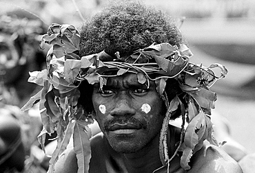 South Pacific islander in native dress at traditional tribal ceremony in Honiara, Solomon Islands, South Pacific