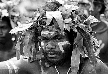 South Pacific islander in native dress at traditional tribal ceremony  in Honiara, Solomon Islands, South Pacific