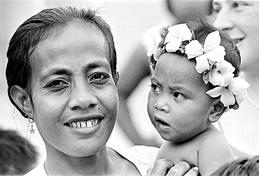 South Pacific islanders in traditional costumes at tribal gathering in Kiribati, Gilbert Islands, South Pacific