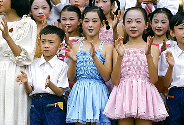 Chinese children attending a cultural display in Canton, China in the 1980s