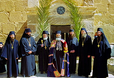 Greek Orthodox priest and monks at St Catherine's Monastery in the middle of the Sinai Desert, Egypt