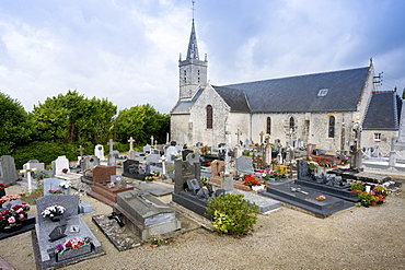 Church and graveyard in Liesville-sur-Douve in Normandy, France