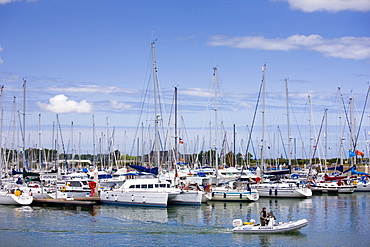 Yachts and sailing boats in Channel port of St Vaast La Hougue in Normandy, France