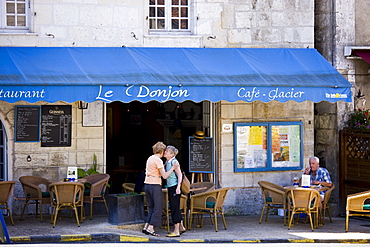 French greeting in quaint town of Bourdeilles popular as a tourist destination near Brantome North Dordogne, France