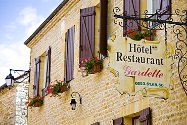 Hotel Restaurant Gardette sign, France Beautiful village of St Amand de Coly, Dordogne in Aquitaine, France