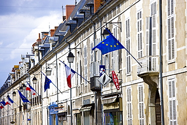 European Community and French flags in town of Richelieu in Loire Valley, Indre et Loire, France