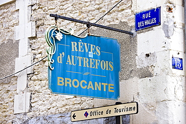 Antique shop sign, Brocante, in Rue Des Halles in town of Richelieu in Loire Valley, Indre et Loire, France