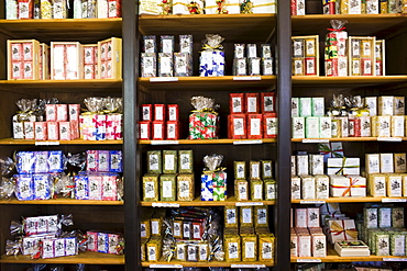 Artisan soaps on sale at Martin de Candre specialist savon shop Mestre at Fontevraud L'Abbaye, Loire Valley, France