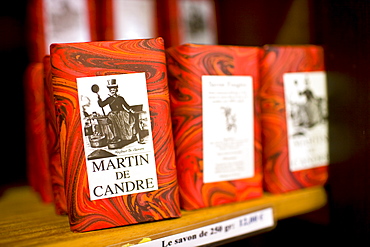 Artisan soaps on sale at Martin de Candre specialist savon shop Mestre at Fontevraud L'Abbaye, Loire Valley, France