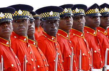 Military Guard Of Honour of Jamaica Defence Force with bayonets outside Parliament in Kingston, Jamaica