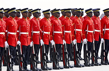 Military Guard Of Honour of Jamaica Defence Force with rifles and bayonets outside Parliament in Kingston, Jamaica